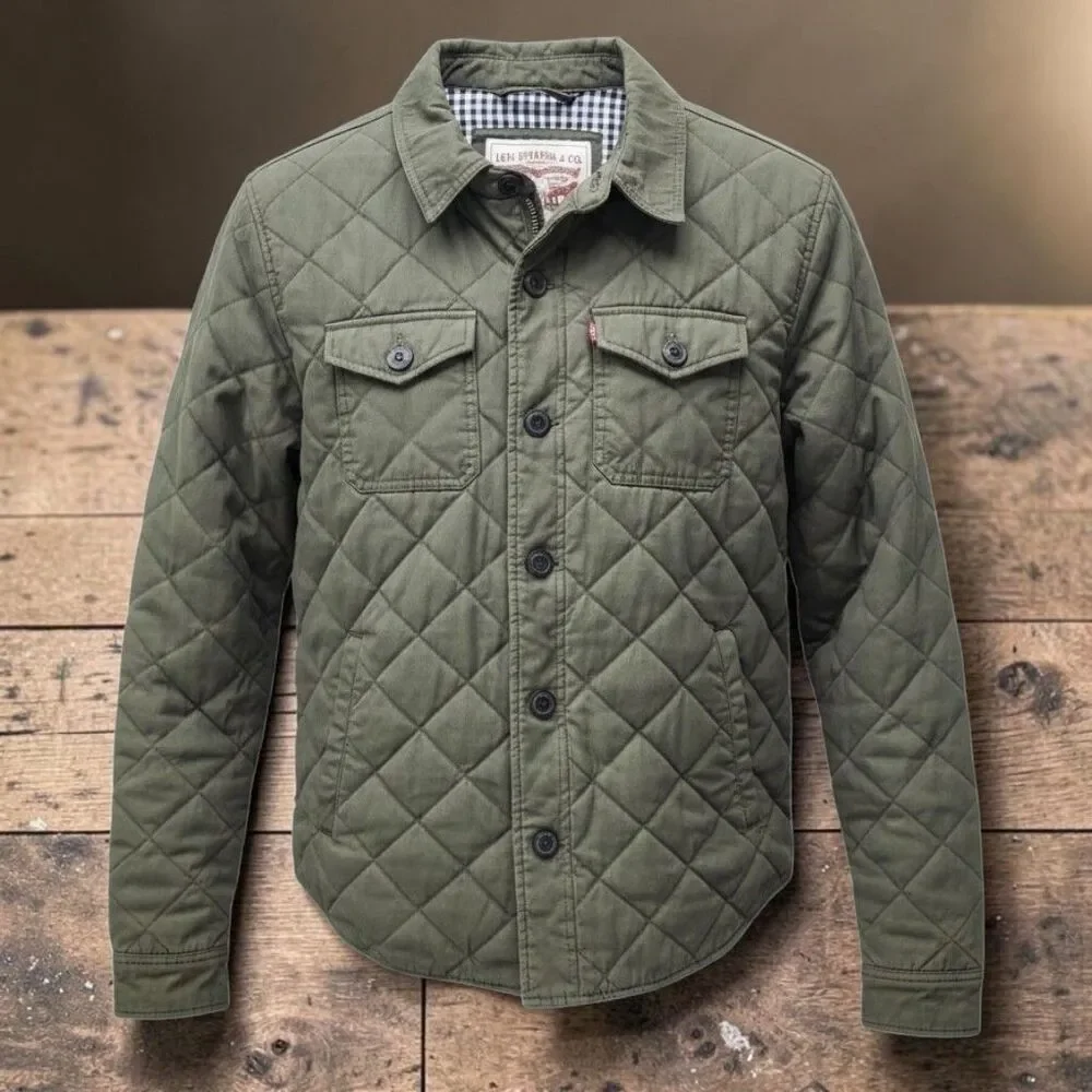 Levis Diamond Quilted Shirt Jacket Mens Medium Green Zip Button Gorpcore Utility